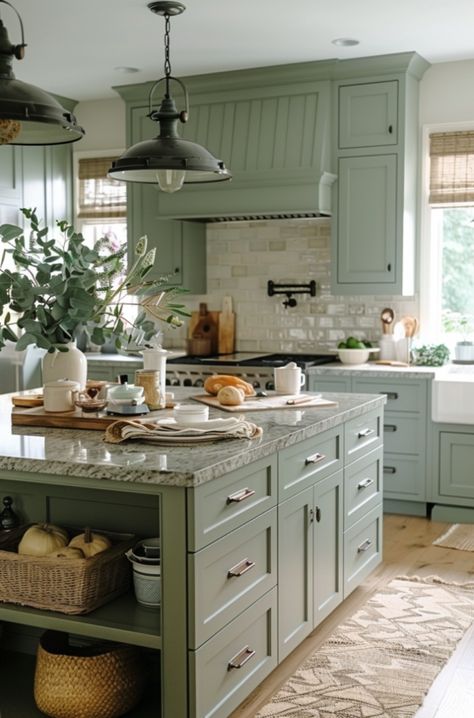 I absolutely adore the serene and sophisticated vibe that sage green cabinets bring to kitchens. Here are some lovely ideas to inspire you. Kitchen Silver Hardware, Sage Green Cabinets, Kitchen Silver, Green Kitchens, Safe Green, Kitchen Blue, Green Cabinets, Green Kitchen, House Goals