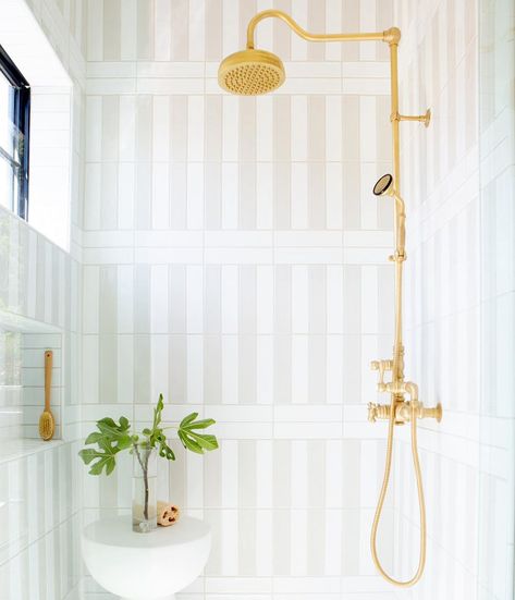 Jaimee Rose Interiors on Instagram: “Stars and Stripes for the holiday week, because if this thermostatic shower system isn't a shining star, then I don't know what is! Love…” Striped Tile, Tile Layout, Pool Bath, Classic Tile, Tile Showroom, Bath Tiles, Tile Inspiration, Kids Bath, Bath Remodel