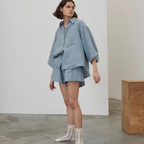 Deiji Studios the 03 linen set in Old Blue Size XS... - Depop Linen Oversized Shirt, Deiji Studios, Matching Robes, Linen Pajamas, Linen Set, French Linen, Fashion Line, Pyjama Set, Slate Blue