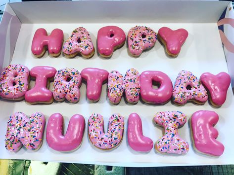 Custom Donuts For Birthday, Letter Donuts Birthday, Donut Letters, Donut Business, Happy Birthday Donut, 19 Bday, Number 1 Cake, Donut Decor, Donut Ideas