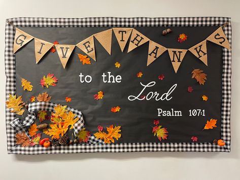 Christian Themed Fall Bulletin Boards, Fall Bulletin Boards Christian School, Fall Hanging Classroom Decorations, Thanksgiving Christian Bulletin Boards, Thanksgiving Bulletin Board Ideas Church, Thanksgiving Bulletin Boards For Church, Fall School Bulletin Board Ideas, Ccd Bulletin Board Ideas, Church Fall Bulletin Board Ideas