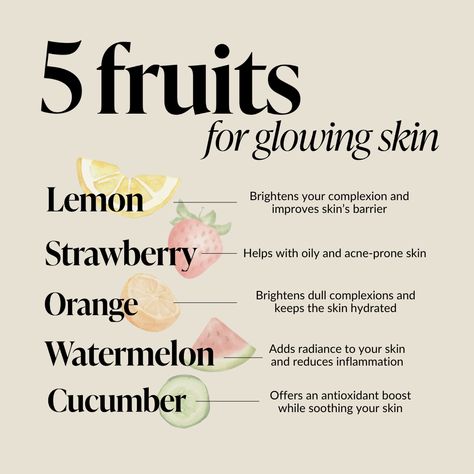 Snack your way to a healthy, glowing complexion! These five superfoods can help target everything from hydration, to  inflammation, and even acne! So before you reach for that 3pm chocolate, consider these healthy fruits instead.   Combined with a healthy skin care routine, a colourful diet full of fruits and veggies will give you the skin you've been dreaming of. Fruits For Good Skin, Fruit Good For Skin, Smoothies That Help With Acne, Best Fruit For Skin, Fruits Good For Skin, Fruits That Help With Acne, Glow Up Foods, Healthy Food Routine, Skin Diet Plan