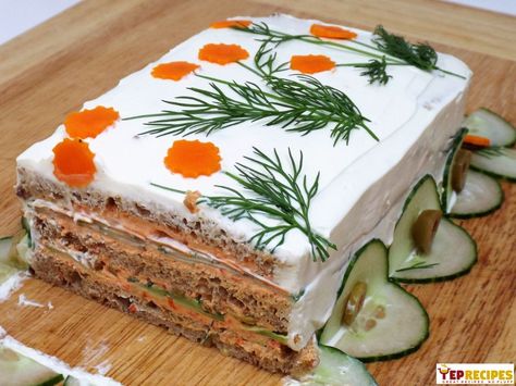 Sandwich Layer Cake (Smorgastarta) Sandwich Cake Recipe, Savory Cake, Decorative Food, Classic Egg Salad, Cucumber Slices, Avocado Sandwich, Ham Salad, Egg Salad Sandwiches, Sandwich Cake