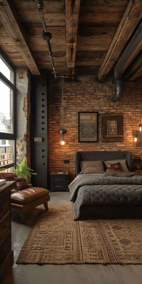 Chocolate Brown Bedrooms, Chocolate Bedroom, Men’s Bedroom Ideas, Male Bedroom, Male Bedroom Ideas, Exposed Ceiling, Men's Bedroom, Casa Country, Industrial Bedroom