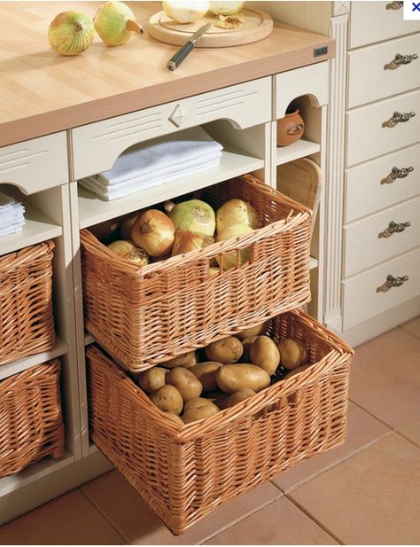 basket drawers; love this idea! - AM Veggie Storage, Laundry Storage Solutions, Basket Drawers, Kitchen Basket Storage, Firewood Storage, Kitchen Baskets, Vegetable Storage, Laundry Room Storage, Kitchen Drawers