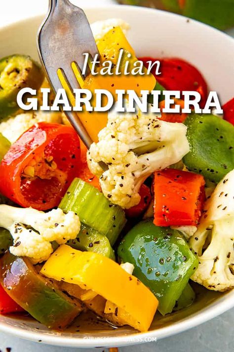 Homemade Italian Giardiniera Recipe - This Italian giardiniera recipe is the perfect appetizer for your antipasto platter, with loads of garden fresh vegetables tossed in a seasoned vinaigrette. Lots of peppers! Pickled Vegetables Giardiniera, Giardiniera Recipe, Easy Pickling Recipes, Pickled Vegetables Recipe, Pickle Recipes Homemade, Chili Pepper Recipes, Italian Seasonings, Authentic Mexican Recipes, Antipasto Platter