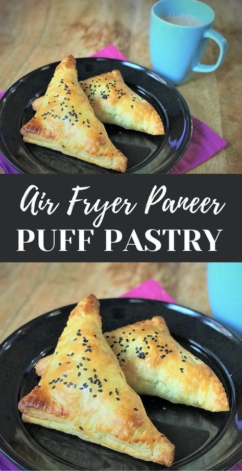 Paneer Puff Pastry Turnovers with a flaky golden crust with spicy flavorful paneer filling. Perfect appetizer for a party that can be prepared ahead of time. So easy and delicious! Air fryer recipes | Side dish | Indian recipes | pipingpotcurry.com Paneer Puff, Puff Pastry Turnovers, Pastry Turnovers, Airfryer Recipe, Indian Appetizers, Party Snack Food, Air Fryer Oven Recipes, Air Fryer Oven, Puff Pastry Recipes