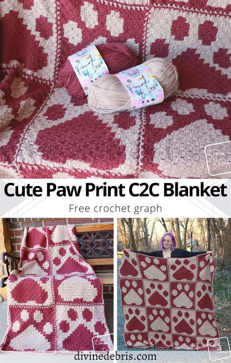 Cute Paw Print C2C Blanket Free Crochet Pattern Free C2c Patterns, Corner To Corner Crochet Blanket, C2c Patterns, Crochet C2c Pattern, C2c Blanket, Cute Paw Print, C2c Crochet Pattern Free, Crocheted Afghans, C2c Crochet Blanket