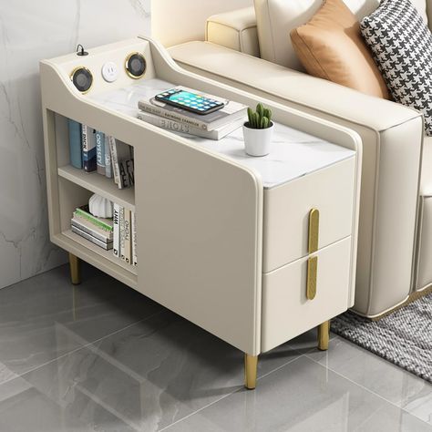 Modern Multifunctional Narrow Side Table Sintered Stone Top End Table Speaker & USB Port | Homary