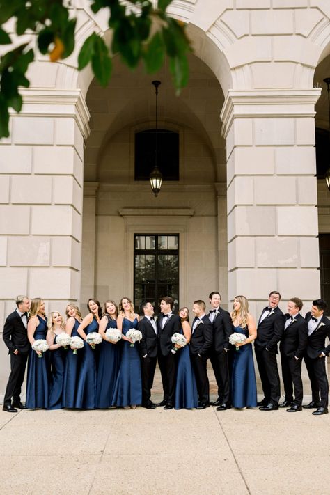 Navy Bridesmaid Black Groomsmen, Black And Navy Bridal Party, Black Tux Wedding Color Schemes, Gold And Navy Wedding Party, Navy And Black Wedding Party, Navy Wedding Party Attire, Navy Bridal Party, Navy Blue Wedding Party, Black Tie Wedding Bridesmaids