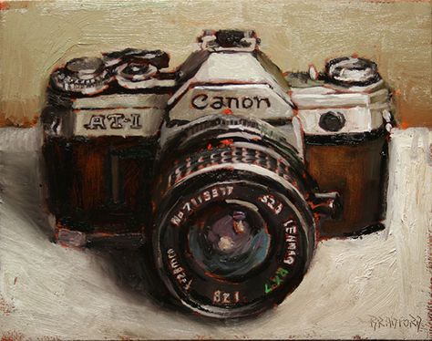 Canon Camera - oil on canvas- 11 x 14 inches - available #vintage #vintagecamera #canon #vintagecanon #art #oilpainting Vintage Camera Painting, Painting Of A Camera, Camera Oil Painting, Vintage Cameras Drawing, Photographer Painting, Camera Artwork, Camera Painting, Camera Drawing, Camera Art