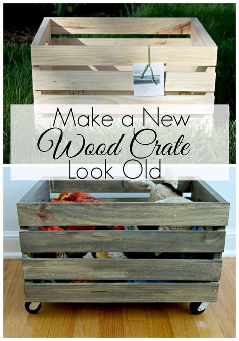 Make a New Wood Crate Look Old | http://chatfieldcourt.com Old Wood Crate Ideas, Crate Crafts, Pallet Crates, Crate Ideas, Crate Diy, Basket And Crate, Crate Furniture, Diy Holz, Décor Boho