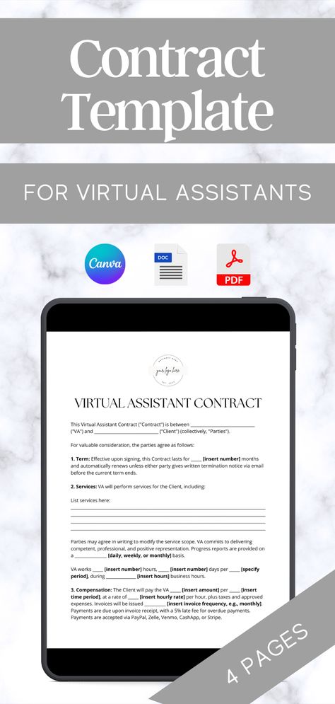 Virtual assistant contract form in tablet form, Canva Word Document and PDF formats available, 4 pages Virtual Assistant Contract Template Free, Virtual Assistant Contract, Virtual Assistant Portfolio Example, Virtual Assistant Portfolio, Va Branding, Communication Channels, Free Portfolio Template, Hire A Virtual Assistant, Transaction Coordinator