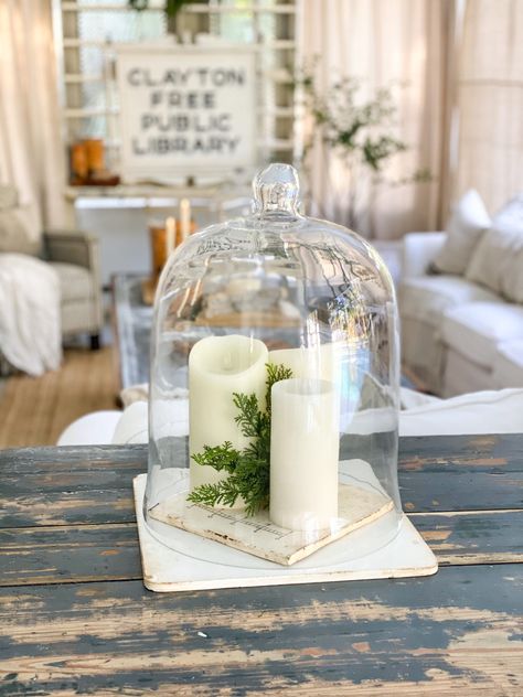 Bell Jar Decor, Glass Cloche Decor, Candle Cloche, Simple Winter Decor, Canister Decor, Easy Winter Decorations, Decor Vignettes, Coffee Table Vignettes, Coffee Table Decor Tray