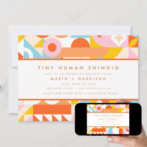 Funky Modern Orange Tiny Human Shindig Baby Shower Invitation Tiny Human Shindig, Sip And See, Baby Shower Invitation Cards, Gender Neutral Baby Shower, Neutral Baby Shower, Tiny Humans, Neutral Baby, Gender Neutral Baby, Baby Shower Invitation