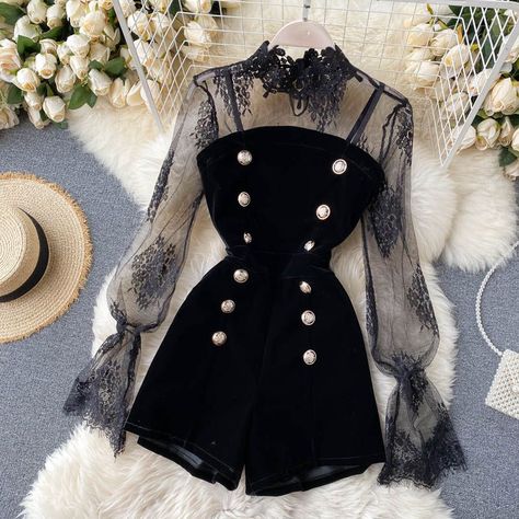 d72fbbccd9fe64c3a14f85d225a046f4desc50899908ri Grunge Summer Outfits, Long Sleeve Shrug, Gothic Lace, Velvet Romper, Two Piece Jumpsuit, Wide Leg Jumpsuit, Two Piece Outfit, Preppy Style, Mesh Top