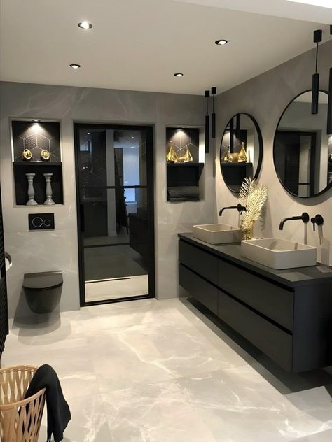 Black Bathroom Countertops, Bathroom Ideas Marble, Black And Gold Bathroom, Duplex Design, House Organisation, Grey Bathroom, Master Decor, Luxury Bedroom Master, Bathroom Design Decor