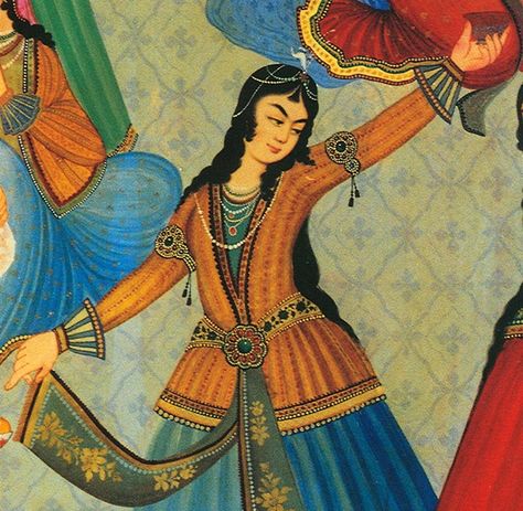 Persian court costume Ancient Persian Clothing, Persian Dress, Persian Dance, Iran Women, Iranian Painting, Ancient Iran, History Of Dance, Painting Music, Persian Women