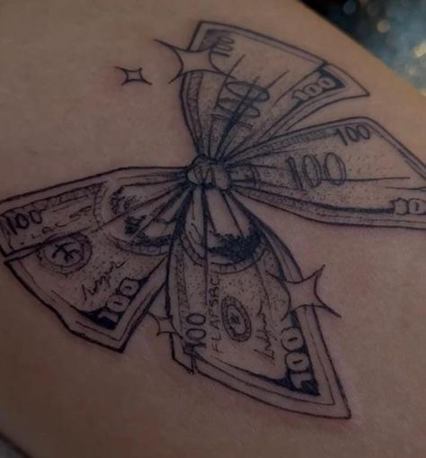 Money Is Everything Tattoo, Old Font Tattoo, Lottery Tattoo Ideas, Money Sight Tattoo, Butterfly Money Tattoo, Id Size Tattoos, Bow Money Tattoo, Initials On Buttcheek Tattoo, Tattoo Ideas Female Gangsta