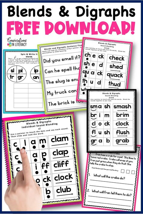 Get this FREE Blends and Digraphs download that includes meaningful phonics lessons and activities on blending sounds, reading fluency and comprehension with questions! Blend Sound Worksheets, Free Digraph Activities, Blending Sounds Activities 1st Grades, Blend Sounds Kindergarten, Th Activities Digraph, Word Blends, Segmenting And Blending Activities Free, Kindergarten Fluency Activities, Diagraphs And Blends Worksheets Free