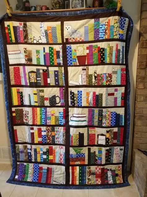 Bookshelf Quilt Pattern Free, Bookshelf Quilt Pattern, Library Quilts, Teacher Quilt, Tshirt Quilt Tutorial, Bookshelf Quilts, Bookcase Quilts, Book Quilts, Library Quilt