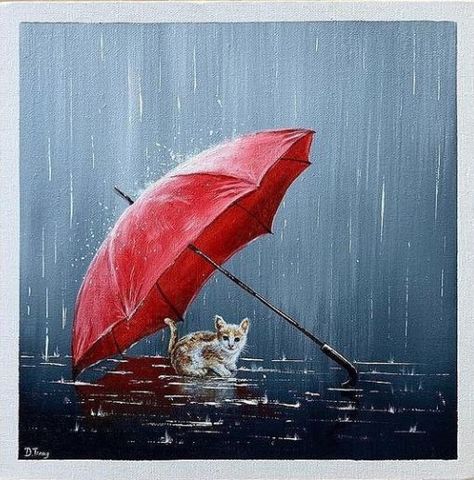 Rainy Day Drawing, Watercolor Painting Easy, Umbrella Painting, Cats Art Drawing, Rain Painting, Animal Illustration Art, Rain Art, Easy Love Drawings, Umbrella Art