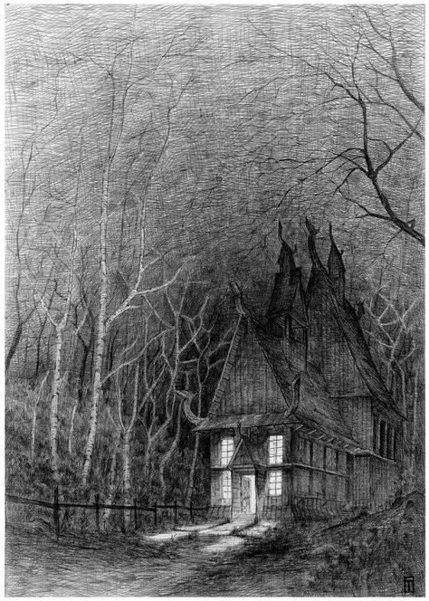 Old House In The Woods, Haunted House Drawing, Scary Houses, Wood Illustration, Creepy Houses, Plans Architecture, Spooky House, Cottage In The Woods, House Illustration