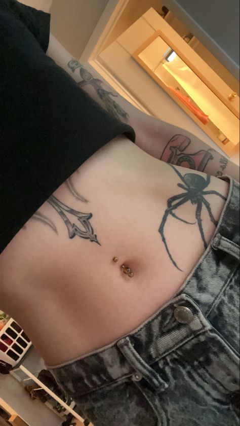 Spider Tattoo Lower Stomach, Spider Waist Tattoos, Black Widow Stomach Tattoo, Spiderweb Hip Tattoo, Spider Hip Tattoos Women, Spider On Hip Tattoo, Spider Belly Tattoo, Stomach Spider Tattoo, Spider Waist Tattoo