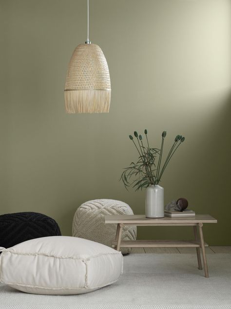 Tan Living Room, Nordic Interiors, Green Living Room, Minimalist Living Room Decor, Rattan Pendant Light, Green Walls, Living Room Decor Ideas, H&m Home, Style Deco