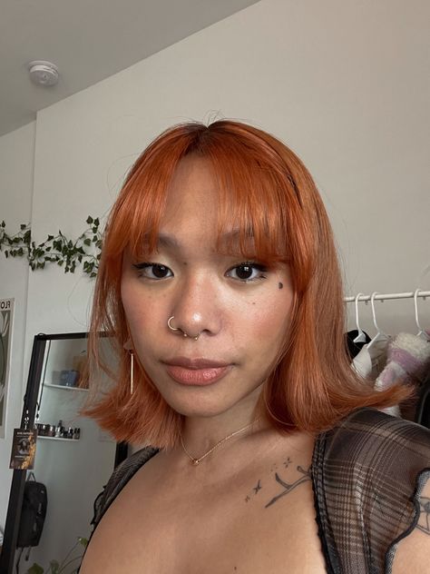 girl with ginger orange hair, aesthetic hairstyle Dyed Hair Tan Skin, Asian Orange Hair, Orange Hair Asian, Short Haircut Asian, Short Ginger Hair With Bangs, Ginger Hair Asian, Asian Ginger Hair, Short Hair Ginger, Ginger Hair Short