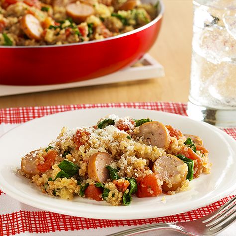 Italian Chicken Sausage and Quinoa Skillet Chicken Sausage Dinner, Chicken Sausage Skillet, Seasoned Tomatoes, Sausage Quinoa, Healthy Sausage Recipes, Sausage Skillet Recipe, Quinoa Skillet, Turkey Dinners, Sausage Skillet