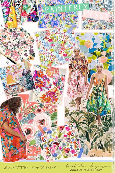 Trend board/mood board — Lotta Lorier | Print Design Print Design Trends 2024, Trending Color Palettes, Board Mood, Watercolour Pattern, Print Design Trends, Fashion Trend Board, Trend Board, Romantic Florals, Fabric Board