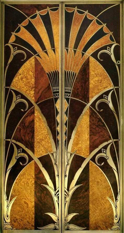 Egyptian reeds on the Chrysler building elevator doors.  Bronze Age Egyptians had a lot in common with the [Art Deco's] city dwellers of the 1920s. Namely, their obsession with monumental architecture, the sacredness of their material possessions and the flashy extravagance of their fashion. Arte Art Deco, Art Deco Door, Motif Art Deco, Art Deco Inspiration, Elevator Door, Cool Doors, Chrysler Building, Deco Architecture, زجاج ملون