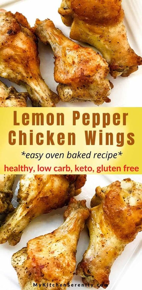 These lemon pepper chicken wings are seasoned with homemade lemon pepper seasoning and baked in the oven.  Chicken wings are great for game day or any day.  Wings are a great choice for an appetizer, snack, or meal. Graduation parties, Memorial Day party ideas, and Family Game Night, Baked Lemon Pepper Wings, Keto Chicken Wings, Pepper Chicken Wings, Lemon Pepper Chicken Wings, Lemon Pepper Wings, Mini Hamburgers, Pepper Seasoning, Healthy Low Carb, Lemon Pepper Seasoning