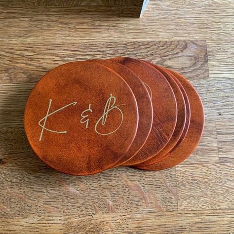 Leather Coasters with Initials -- HANDMADE-A-DAY | Emmaline Bride Wedding Blog Diy Leather Gifts, 3rd Year Anniversary Gifts, Couples Initials, Leather Coaster, 3rd Wedding Anniversary, Monogram Coasters, Leather Anniversary Gift, Personalized Leather Wallet, Leather Anniversary