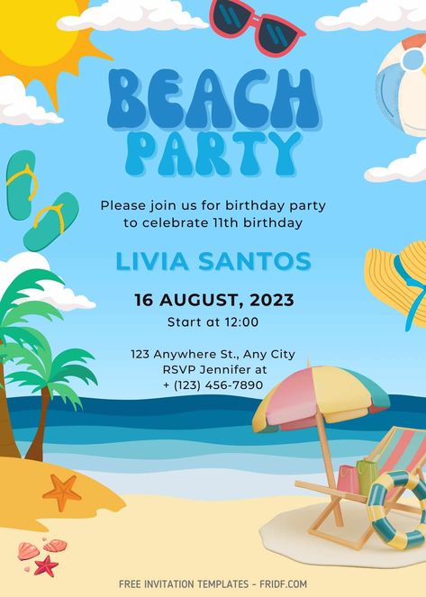 FREE PDF Invitation - Summer Beach Party Birthday Invitation Templates Beach Party Theme, Beach Party Birthday, Birthday Party Invitations Free, Beach Party Invitations, Beach Birthday Party, Beach Themed Party, Disney Invitations, Summer Beach Party, Birthday Disney