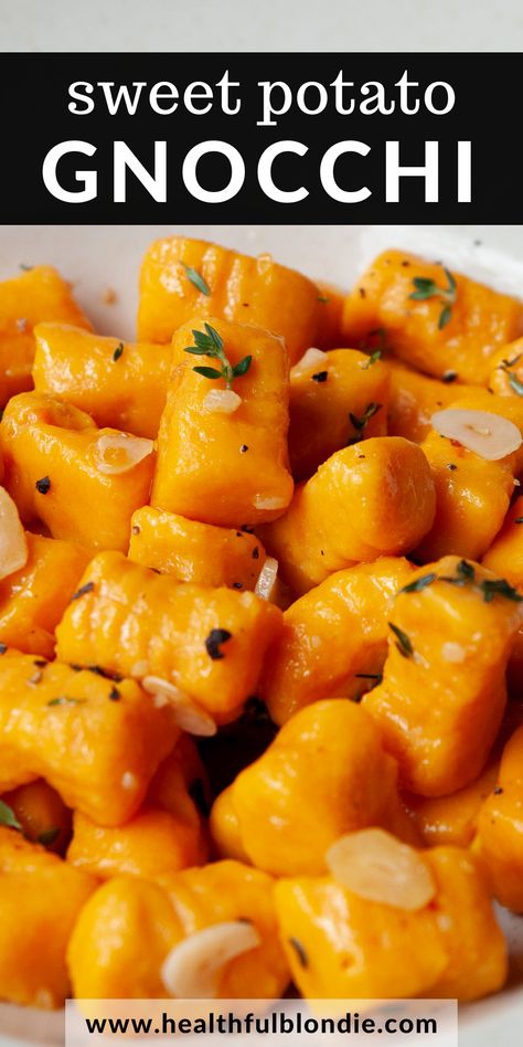 This super soft and pillowy sweet potato gnocchi recipe calls for 5-ingredients and is tossed in a simple garlic butter sauce. The best homemade, gluten-free gnocchi recipe in under 30 minutes! Gluten Free Gnocchi Recipes, Sweet Potato Gnocchi Recipe, Simple Garlic Butter, Blondie Recipes, Gluten Free Gnocchi, Dinners Recipes, Gnocchi Recipe, Sweet Potato Gnocchi, Potato Gnocchi