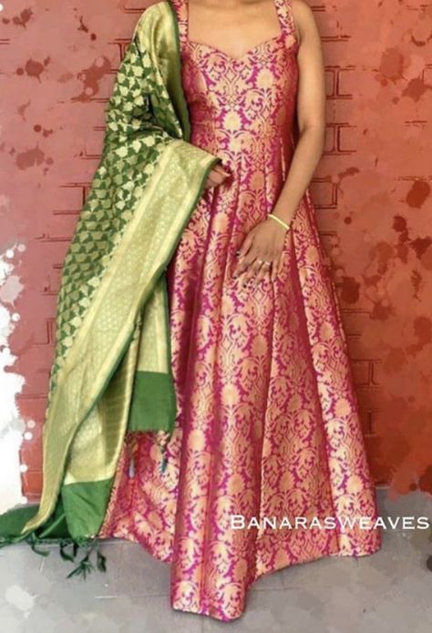 Banaras Long Frock Designs, Banarasi Anarkali Dress, Banarasi Frocks For Women, Banarasi Anarkali, Banarasi Gown, Banarsi Anarkali Suits, Banaras Dress Designs, Banarasi Silk Anarkali Suits, Saree Dress Design Ideas