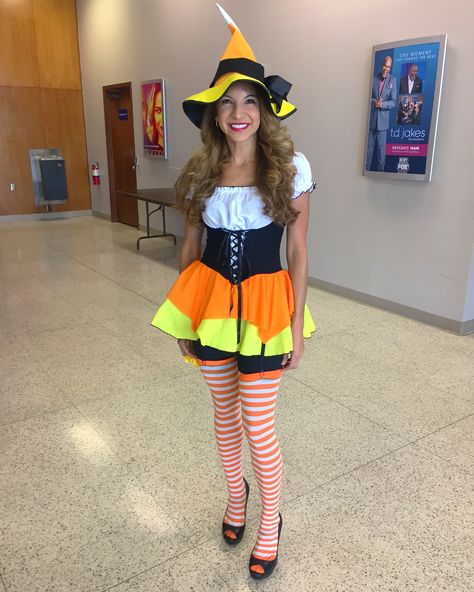 Halloween party at work!!!! Came in 2nd for my Candy Corn witch costume. A nice witch.... Right????   #Halloween #Texas Candy Corn Witch Costume, Candy Witch Costume, Candy Corn Outfit, Candy Corn Costume Women, Candy Corn Halloween Costume, Corn Costume, Candy Corn Witch, Candy Corn Costume, Party Dress Codes