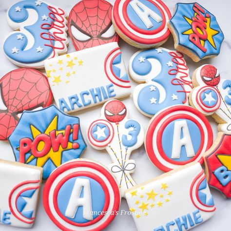 Another superhero set for the books 😎 Archie loves Iron Man’s shield, so we just had to incorporate that with the letter of his name! Shield designs inspired by @joyofbakingsugarartist Captain America Cookies Decorated, Iron Man Cookies, America Cookies, Biscuit Design, Comic Cake, Shield Designs, Superhero Cookies, Royal Icing Sugar Cookies, Butterfly Garden Party