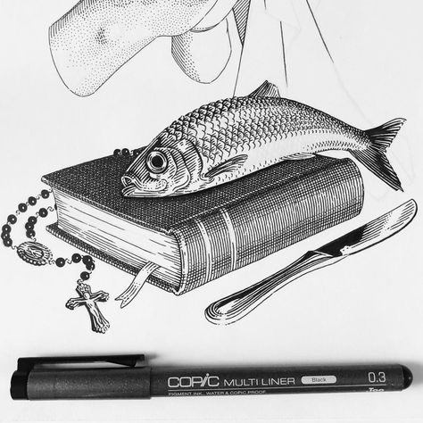 1,543 Likes, 14 Comments - Olivia Knapp (@oliviaknappart) on Instagram: “A fish out of water praying for its life. #penandink #crosshatching #fish #copic #butterknife…” Ink Pen Drawings Cross Hatching, Cod Fish Illustration, Fish Biro Drawing, Fish Scientific Illustration, Fish Engraving Illustration, Cross Hatching, Black And White Landscape, Black And White Illustration, Ink Illustrations