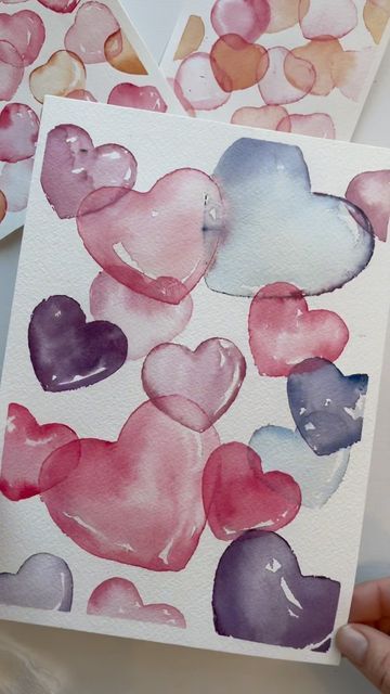 Watercolor Painting On Canvas Board, Watercolour Valentines Day Card, Valentines Day Cards Handmade Watercolor, Paint Valentines Cards, Watercolor Paintings Valentines Day, Valentine Watercolor Cards Diy, Hearts Watercolor Art, Easy Valentine Watercolor, Valentine's Watercolor Cards