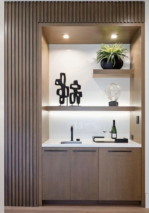 Built In Bar Nook Modern, Hotel Room Bar Cabinet, Built In Nook Living Room, Wet Bar Bedroom, Wet Bar With Shelves, Wet Bar With Full Size Refrigerator, Hotel Pantry Design, Dining Room Design With Bar, Kitchenette In Living Room