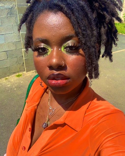 Makeup 
Locs
Green Green Highlight Makeup, Y2k Makeup Green, Green Eyeliner Black Women, Trendy Eye Makeup 2023, Green Makeup On Black Women, Neon Green Makeup Looks Black Women, Green Eyeshadow Black Women, Green Eyeshadow Looks For Black Women, Green Eye Makeup Black Women