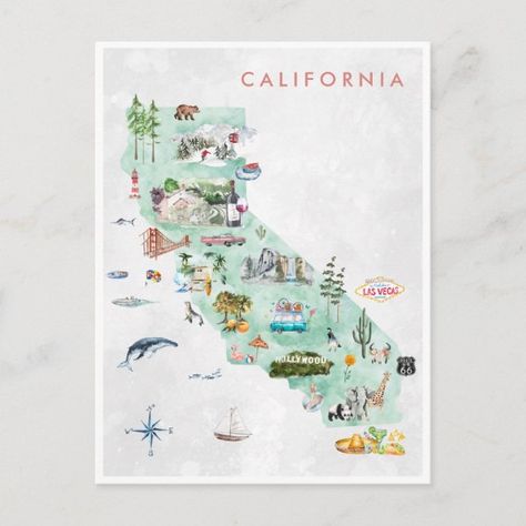 Vintage Travel Postcard | California Map Of California, Vintage Postcards Travel, World Map Decor, California Poster, California Map, Travel Postcard, Illustrated Map, The Favorite, Unique Wall Art