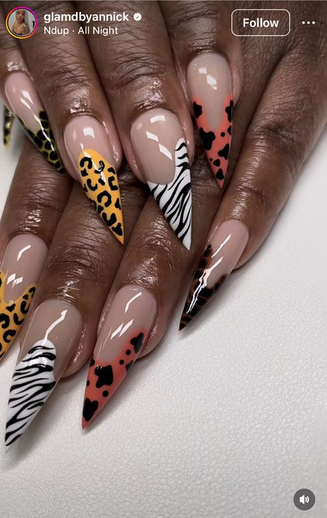 Purple Leopard Nail Designs, Leopard Tip Nails Almond, October Nail Designs Almond, Leopard Stiletto Nails, Fall Nail French Tip Designs, Safari Nails Designs, Fall Leopard Nails, Fall Stiletto Nails Design, Leopard Nail Art Designs