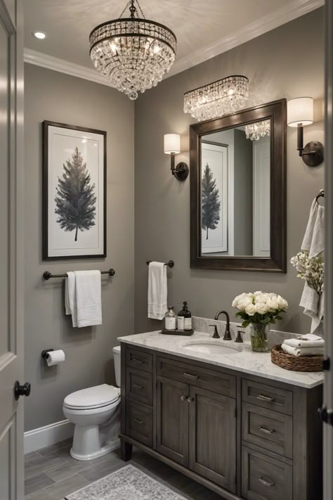 Bathroom Remodel With Vanity Master Bath, Black And Gold Farmhouse Bathroom, Gray Bathroom Remodel Ideas, Color Scheme Bathroom Ideas, Guest Bathroom Color Ideas Paint, Gray And Tan Bathroom Ideas, Small Master Bath Paint Colors, Bathroom With Tan Walls, Charcoal And Wood Bathroom