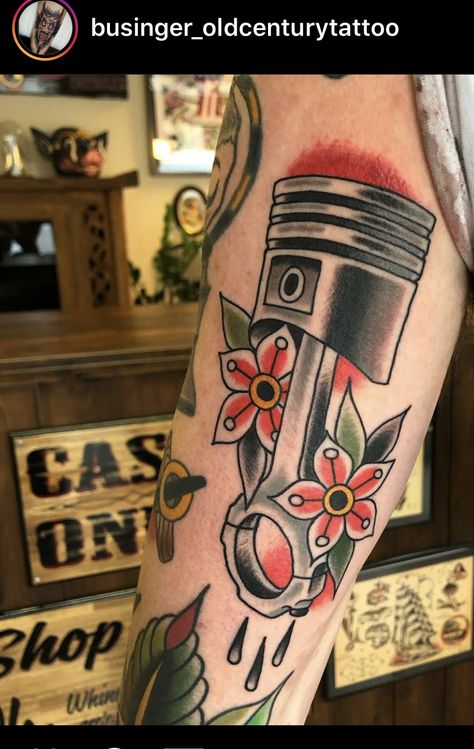 Traditional Welding Tattoo, Old School Motorcycle Tattoo Design, American Traditional Mechanic Tattoo, Rockabilly Tattoos Men, Old School Mechanic Tattoo, Mopar Tattoo Ideas, Petrolhead Tattoo, Traditional Piston Tattoo, Traditional Mechanic Tattoo