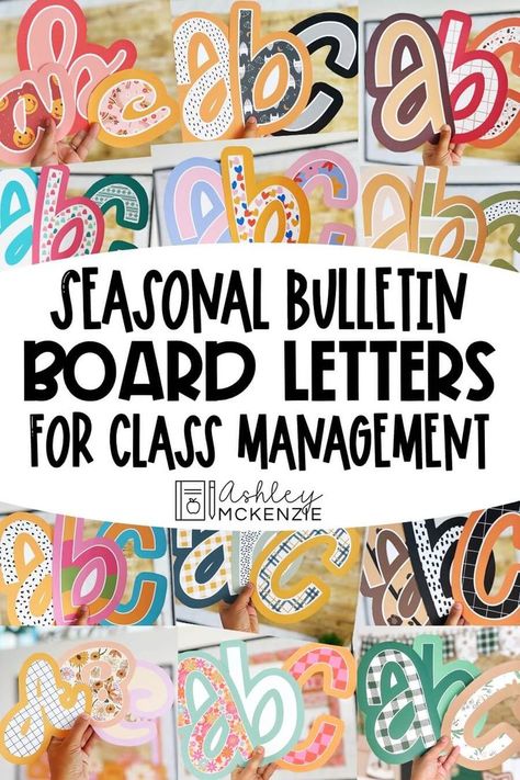 A variety of seasonally themed A-Z bulletin board letters are being held up. Seasonal Bulletin Boards, Ashley Mckenzie, Letter Ideas, Class Management, Teacher Help, Writing Activities, Classroom Management, Bulletin Boards, 5 Ways