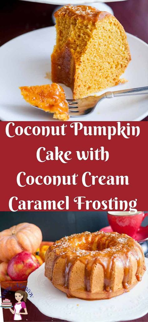 An easy delicious coconut pumpkin cake made with pumpkin spice and coconut cream. Topped with coconut caramel for that ultimate Fall dessert #coconut #pumpkin #cake #caramel #dessert #fall #thanksgiving #Christmas Pumpkin Coconut Cake, September Recipes, Dessert Coconut, Puree Pumpkin, Cake Pinterest, Dessert Fall, Caramel Dessert, Pumpkin Bundt, Pumpkin Coconut